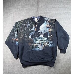 Art Unlimited Irwin Henley Sweatshirt Mens Large Blue Wildlife Waterfall Graphic